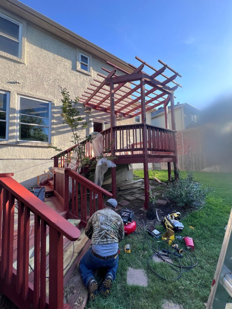 Stained deck with pergola and railing, Austin metro
